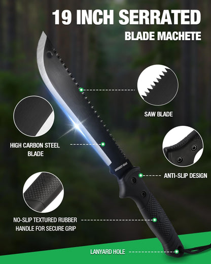 MOSSY OAK Machete with Saw, 19" Sharp Machete with Sheath, Ergonomic No-Slip Handle, Machetes for Bushcraft, Outdoor Hunting, Garden Cutting Trees and Yard Work