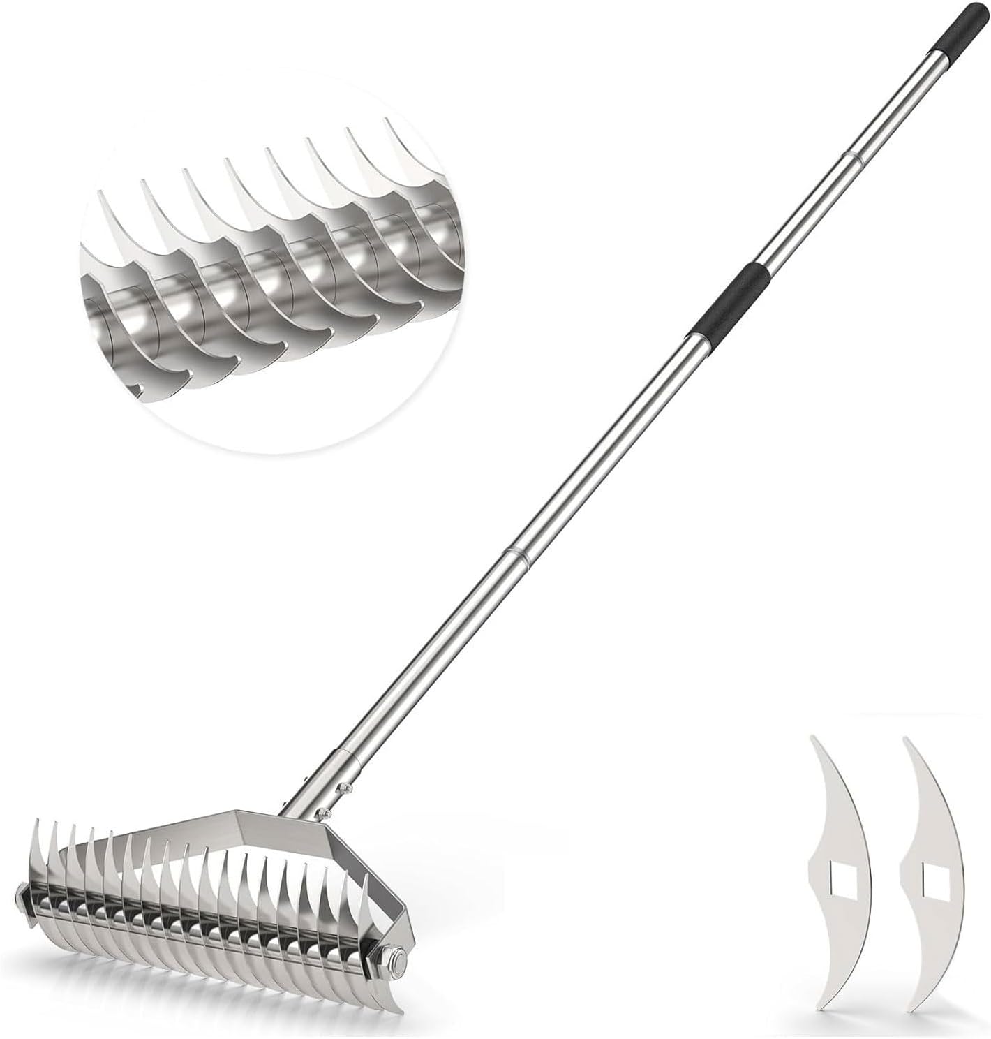 Lawn Rake for Yard, 304 Stainless Steel Thatch Rake for Lawns - Heavy Duty Dethatcher Blades with Adjustable Handle , Efficient Dethatching Rakes for Cleaning Dead Grass, Loosening Soil