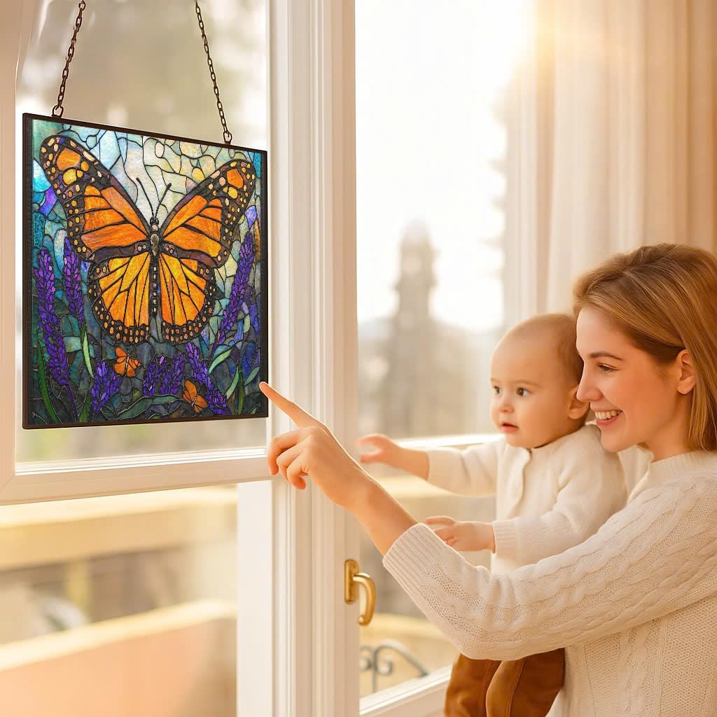 Personalized Rectangle Art Nouveau Monarch Over Lavender Stained Glass Suncatcher Stained Glass Window Hanging Home Decor Garden Halloween Christmas Wedding Housewarming Gifts