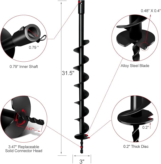 LONGRUN Earth Auger Drill Bit for Garden Fence Post, 3" x 31.5" Auger Post Hole Digger, 0.79”(20mm) Inner Shaft Franch Bit for Planting Trees and Bedding, Bulbs, Seedlings, Gardening, Large Fencing
