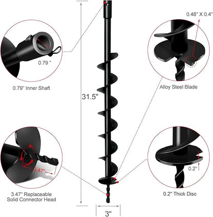 LONGRUN Earth Auger Drill Bit for Garden Fence Post, 3" x 31.5" Auger Post Hole Digger, 0.79”(20mm) Inner Shaft Franch Bit for Planting Trees and Bedding, Bulbs, Seedlings, Gardening, Large Fencing