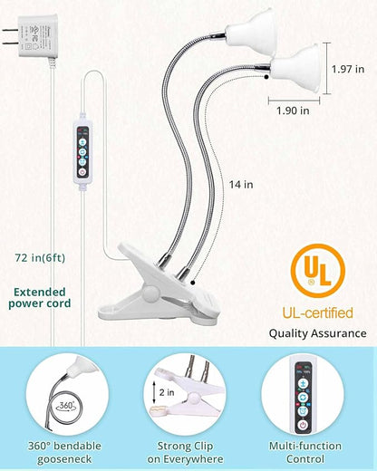 DOMMIA Grow Lights, Grow Lights for Indoor Plants Full Spectrum, Gooseneck Dual Head Clip-on LED Plant Light with 6/12/16h Timer, Multi-Spectrum, Dimmable