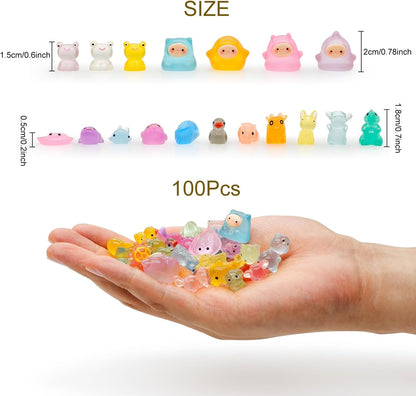 100pcs Luminous Mini Resin Animals Figures, Tiny Resin Animals Bulk, Glow in The Dark, for Miniature Fairy Garden Accessories Micro Landscape Aquarium Potted Decoration