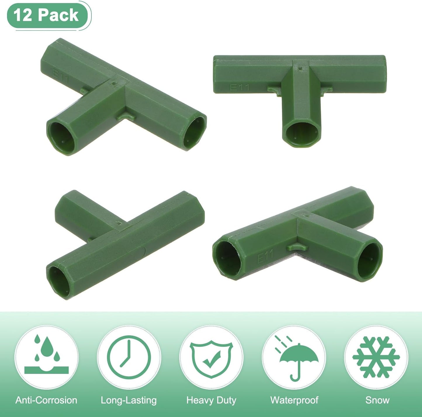 12 Pcs 11mm Greenhouse Frame Building Connectors, 3 Way Flat Pipe Fitting for Grape Trellis/Sunscreen Shed/Gardening Plant Stakes, Greenhouse Accessories [Green]