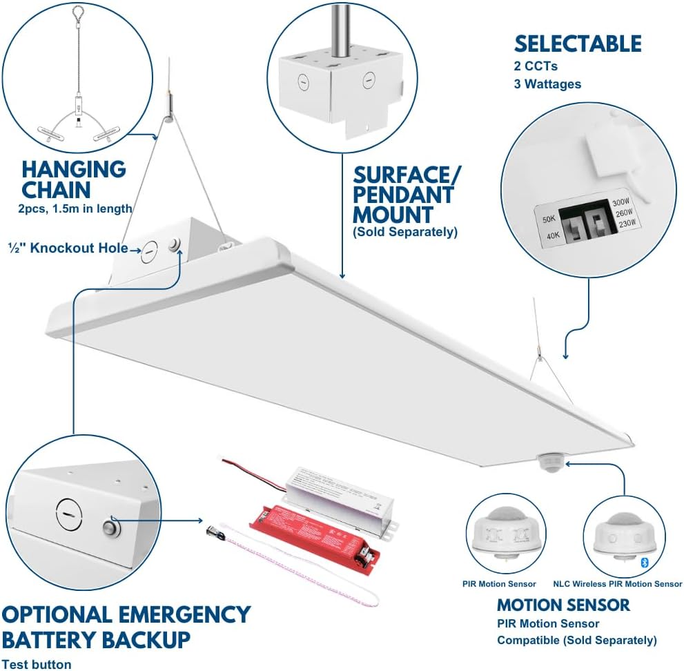 Konlite Pack of 2 ALTA LED High Bay Light - 4FT - 300W/260W/230W - 47,500 Lumens - 5000K/4000K Selectable - 120-277V - 1000W Metal Halide Equal