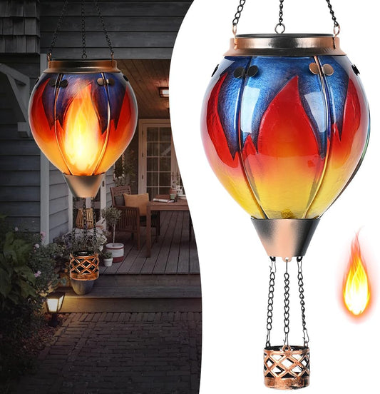 Hot Air Balloon Solar Lantern - Simulated Flickering & Dancing Flame Glass Lantern , Outdoor Hanging Yard Light Waterproof IP65 for Garden Patio Lawn Porch Decor Gift