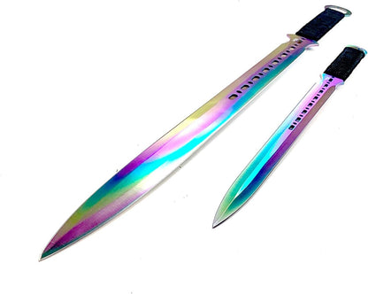 2 PCS Ninja Tactical Machetes, Swords Tactical Survival Katana Durable Knife Set. For Camping, Hunting, and Collection (Rainbow)