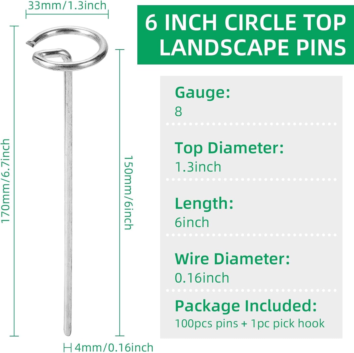 100 Pack 6 Inch Landscape Staples, Thickened 8 Gauge Circle Top Garden Stakes Heavy Duty Galvanized Landscape Fabric Pins for Securing Weed Barrier, Turf, Lawn, Fence, Tent