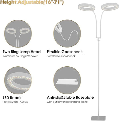 GLOWRIUM Grow Light with Stand,2-Head LED Plant Light for Indoor Plants, Full Spectrum Grow Lamp, 3/9/12H Timer, 6 Dimmable Levels, 3 Lighting Mode, Adjustable Height White