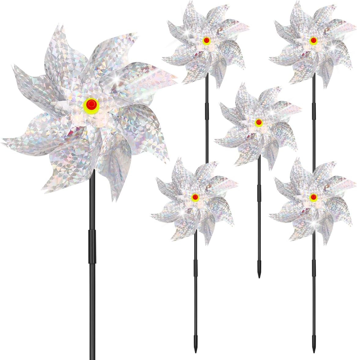 6Pcs Sparkly Pinwheels for Yard and Garden, Reflective Silver Wind Spinners Yard Decorations Outdoor Windmill, 9.5in Garden Pinwheels to Scare Birds, Silver
