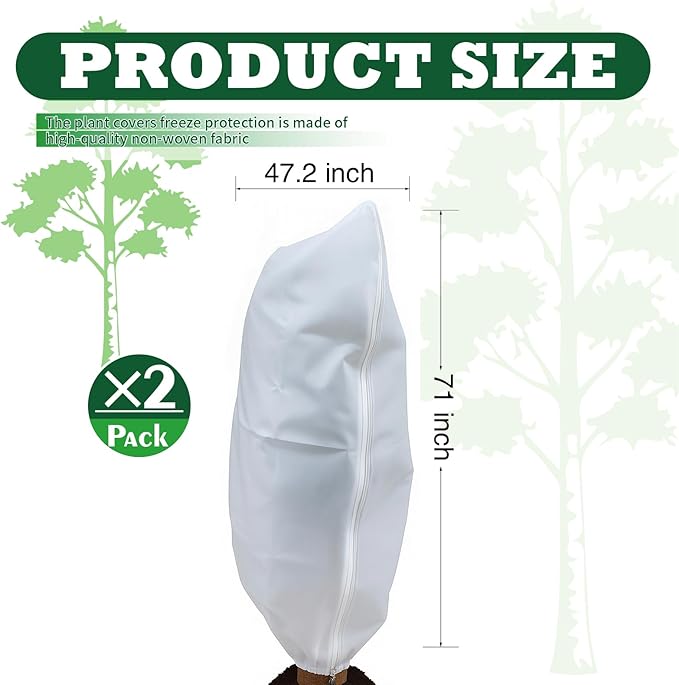 2 Packs Plant Covers Freeze Protection Frost Cloths for Outdoor Plants with Zipper Drawstring Jacket Cover Bags for Shrub Bush Tree Potted Cold Weather Garden Warm Insulation (white, 47"W x 71"H)