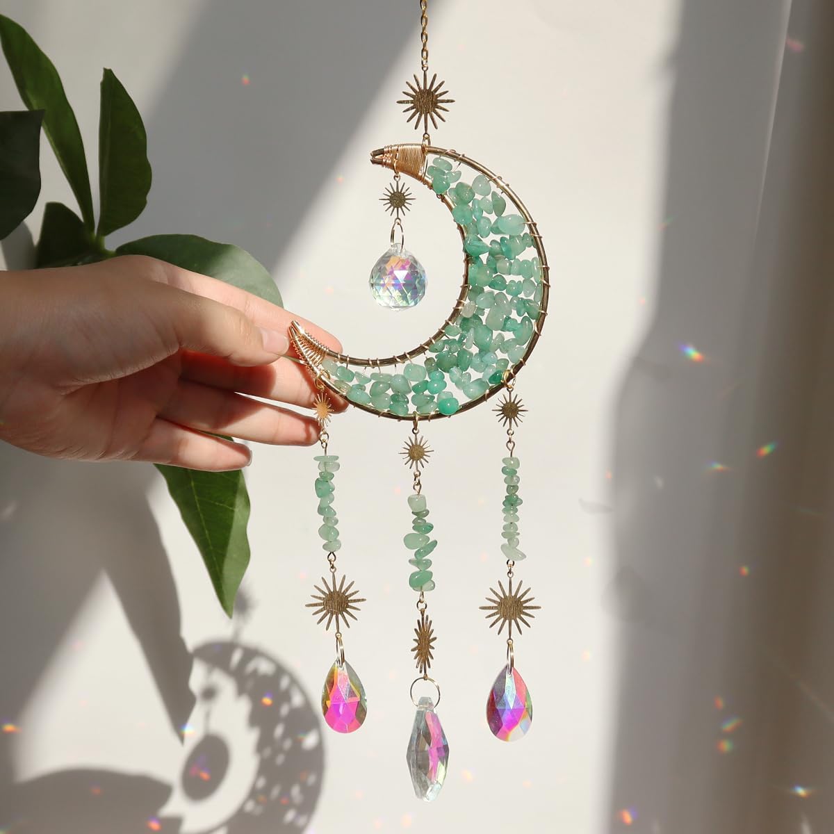 Moon Suncatcher Hanging Decor, Boho Chic Green Aventurine Crystal Sun Catcher, Spritual Sun Light Catcher for Windows, Crescent Moon Housewarming Gift (Aventurine)