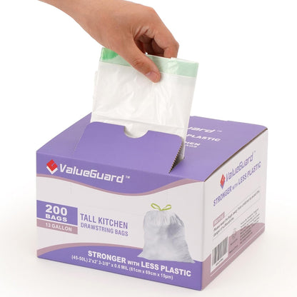 Trash Bags Garbage Bag 13 Gallon Drawstring Tall Waste Bag for Kitchen Office Party 0.6 Mil (200 Count)