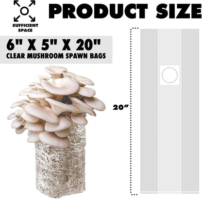 TonGass 60-Pack Autoclavable Mushroom Grow Bags Bulk with Microporous Filter Patchs - Large 6"x5"x20" Extra Thick 80 Micron (=3 Mil)| Mushroom Cultivation Spawn Supply Myco Bag Bulk Substrate Bags