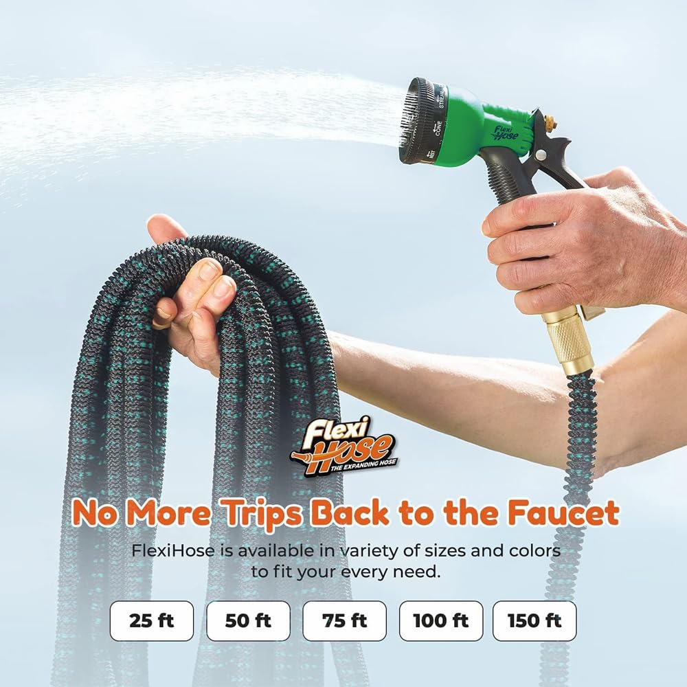 Flexi Hose with 8 Function Nozzle, 50FT - Lightweight Expandable Garden Hose, No-Kink Flexibility