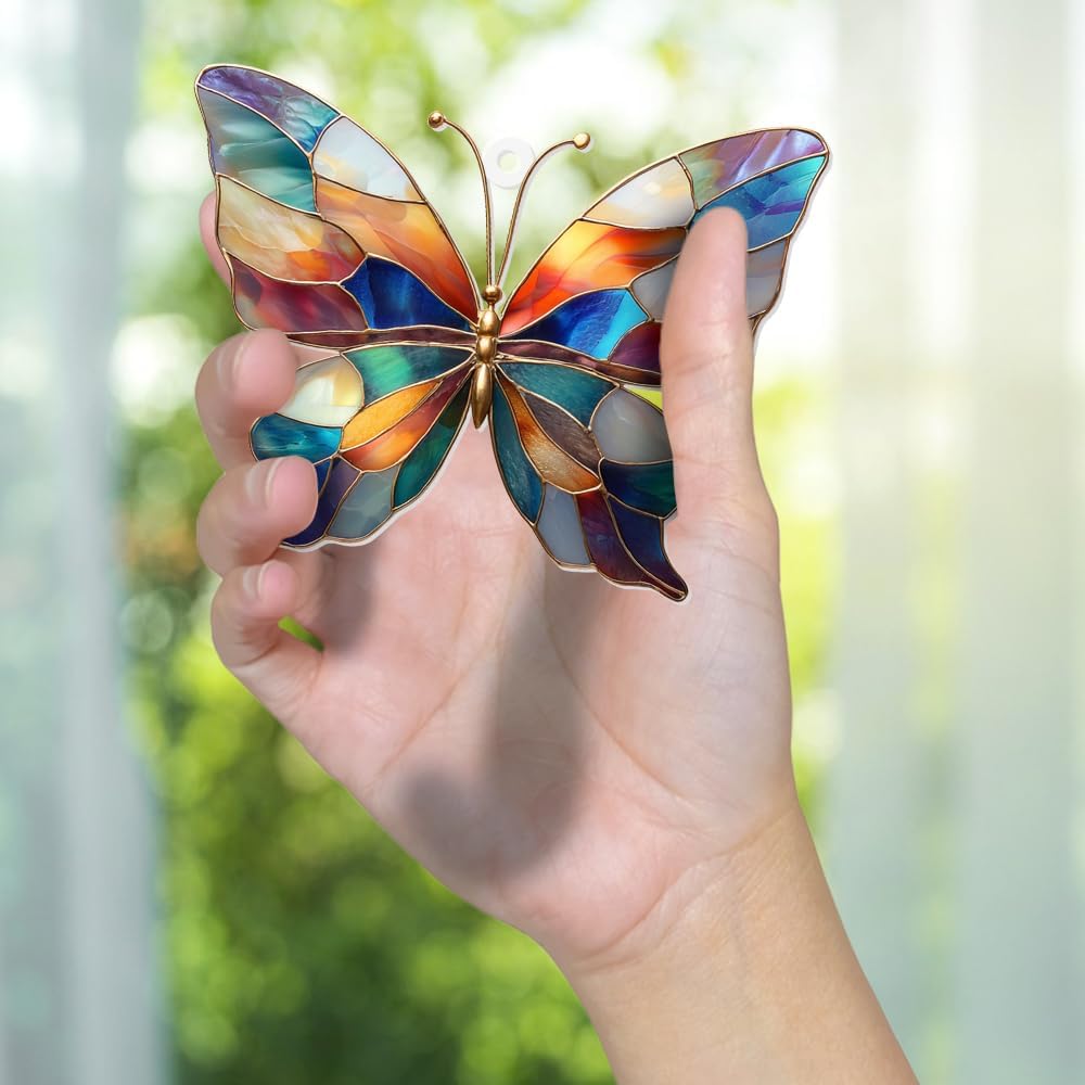 Stained Glass Butterfly Ornament Acrylic – Colorful Suncatcher Window Hanging, Glass Butterfly Decoration for Christmas Tree 2025, Spring Garden Décor, Gifts for Women & Nature Lovers(Sun-04)