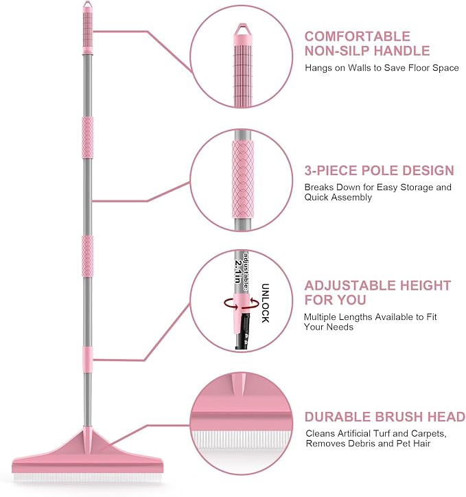 Artificial Turf Rake with Steel Telescopic Handle, 32 to 55 Inch 3 Piece-Pole Easy Storage Design, Garden Hand Boom Rake for Artificial Grass, Carpet Pet Hair, Lawn Leaves and Debris Remove, Pink