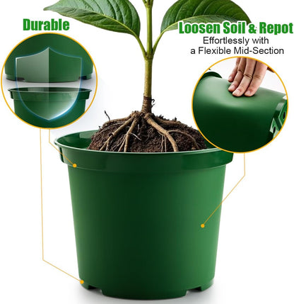5 Gallon 12 Inch Plastic Nursery Pots, Plant Containers with Drainage Holes, Round Sturdy Garden Planters for Indoor/Outdoor Greenery, Gardening Gifts for Women (5-Pack, Green)