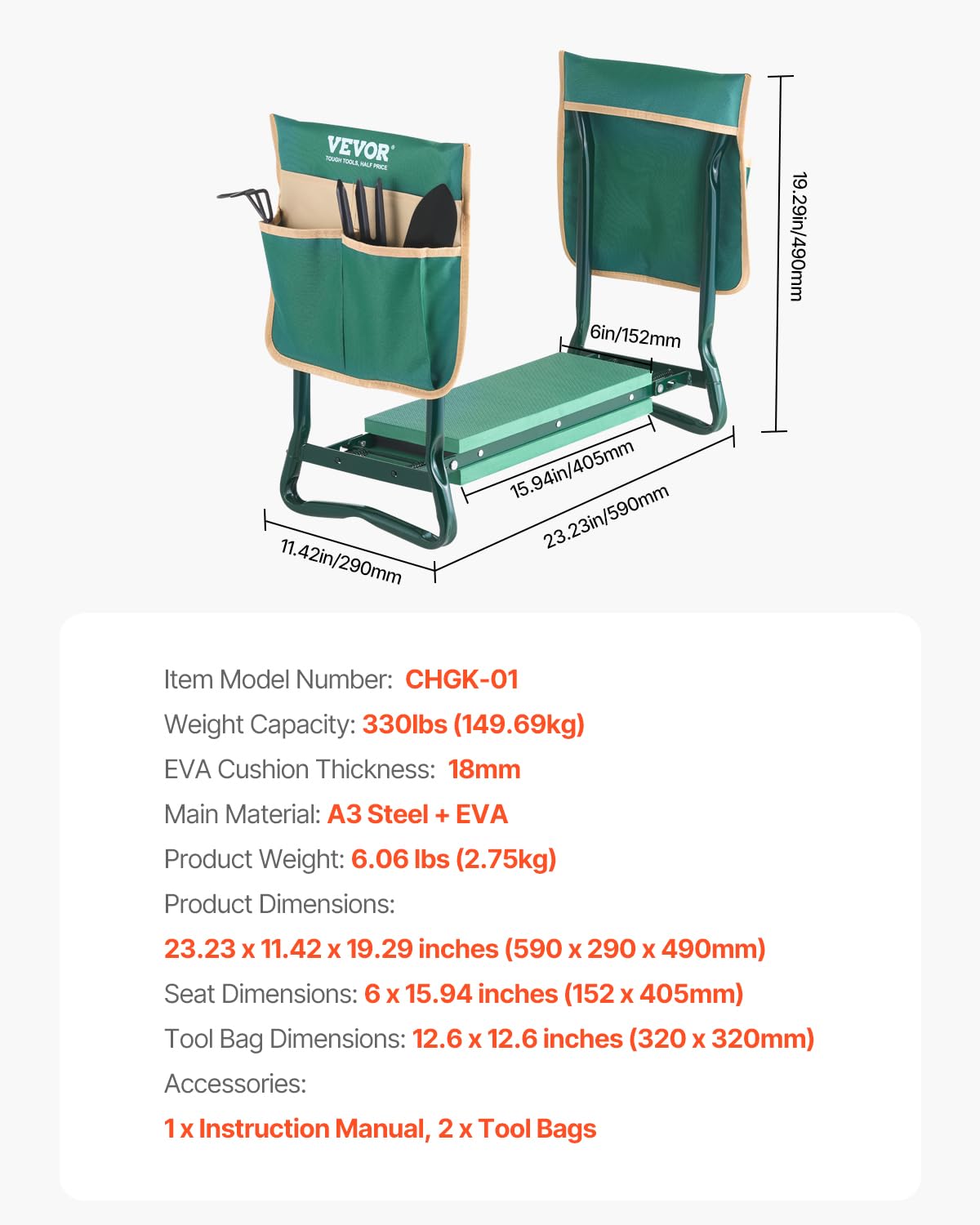 VEVOR Garden Kneeler and Seat Heavy Duty, Portable Garden Stool with 6'' EVA Kneeling Pad and 2