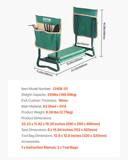 VEVOR Garden Kneeler and Seat Heavy Duty, Portable Garden Stool with 6'' EVA Kneeling Pad and 2