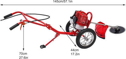 Weed Wacker, 2 Stroke 49 CC Gasoline Weed Eater, 6500-7000R/Min Hand Push Weed Wacker, 0.95L Small Weed Wacker, can Folded Rear Wheel, for Mountains, Hills, Plains, Orchards Etc