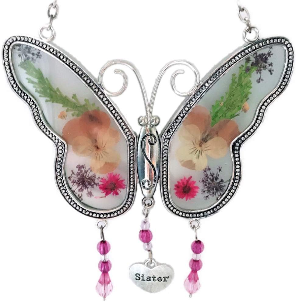 Sister Butterfly Suncatchers with Real Pressed Flower in Glass and Silver Metal Wings - Sister Butterfly Gifts