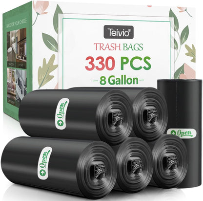Medium Black Trash Bags 8 Gallon 330 Counts Strong Garbage Bags by Teivio,Waste Basket Trash Bags,Bathroom Trash Can Bin Liners, Plastic Bags for home office kitchen
