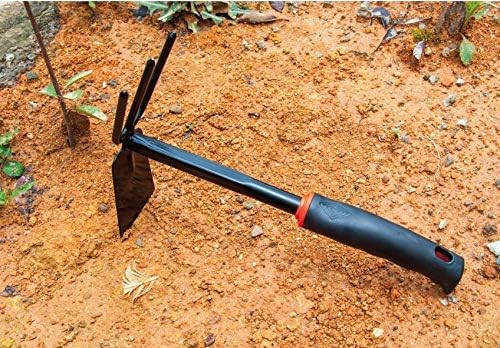 Yima Gardening Hand Tool Metal Head Hoe with 3 Teeth Rake Carbon Steel Blade Heavy Duty for loosening Soil, Weeding and Digging Rust Proof