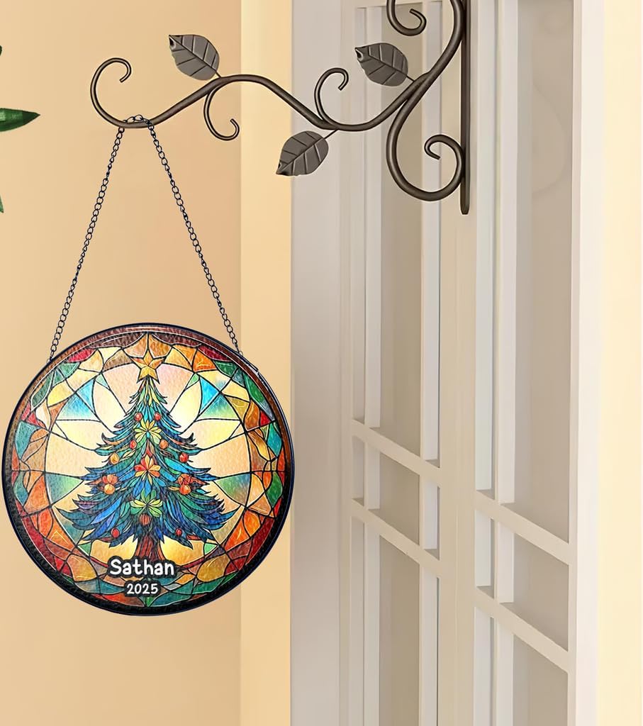 Personalized Stained Glass Christmas Tree Suncatcher, Christmas Handcraft Holiday Ornament with Name and Number, Gift for Family or Friend, Gift for Décor