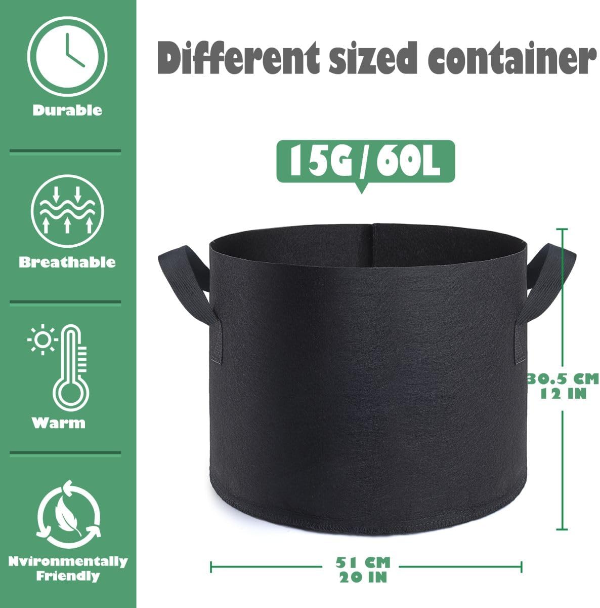 12 Pack 15 Gallon Grow Bags,Premium Fabric Pots 15 Gallon for Healthy Plant Growth - Durable and Reusable Garden Bags to Grow Vegetables,Fruits,and Flowers