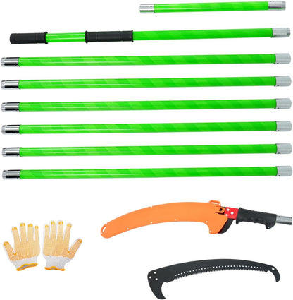 findmall 27ft Manual Pole Saw Extendable Tree Pruner Sharp Steel Blade High Branches Trimming for Pruning Palms and Shrubs with 8 Long Handles No with Scissors Green