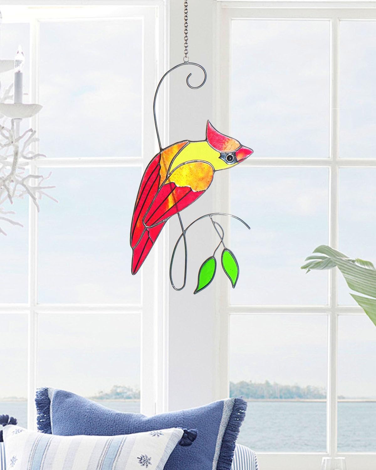 Cardinal Stained Glass Window Hanging, Handmade Memorial Gift for Women Men, Sun Catcher Indoor Window Decor, Suncatcher Bird Decoration, for Mom Bird Lover, 14.6(H) x5.9(W) Inch, Hanger Given