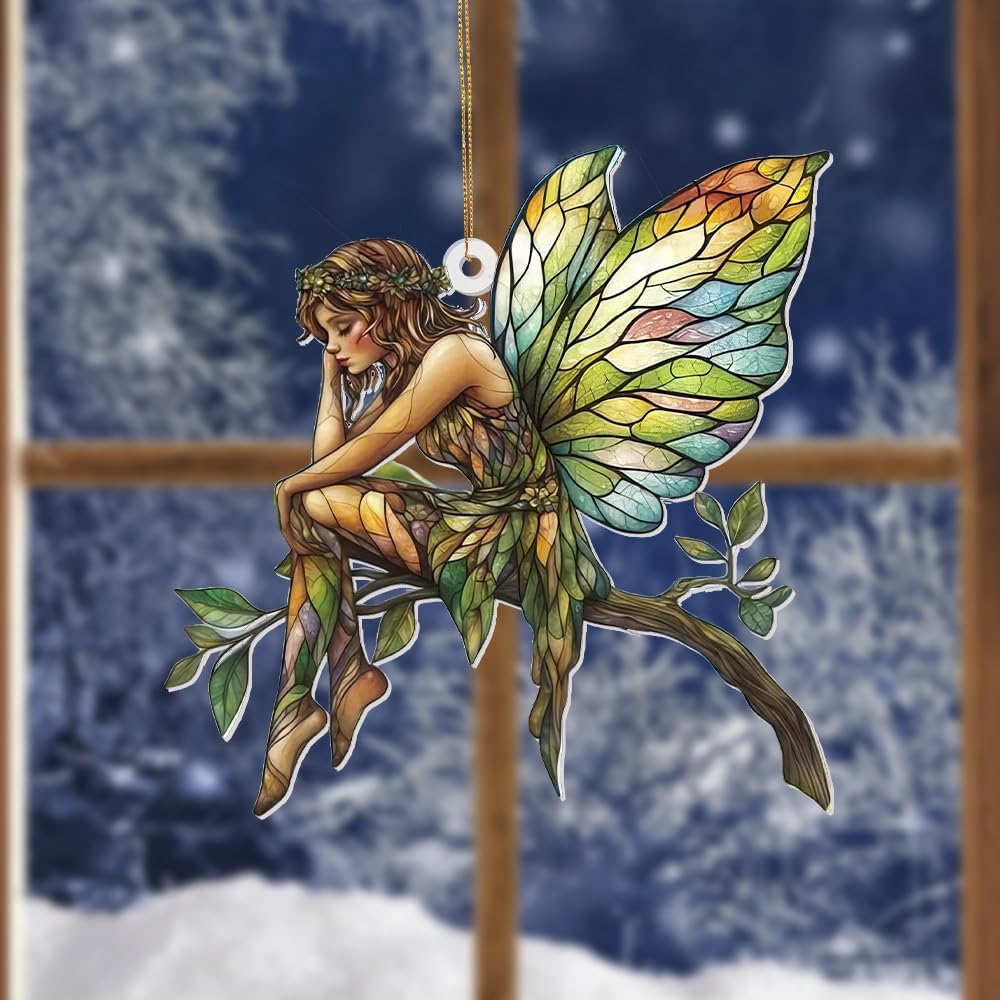 Stained Glass Fairy Ornament – Acrylic Suncatcher Window Hanging, Woodland Fantasy Decor, Christmas Tree Ornament 2025, Car Rearview Mirror Charm, Gift for Fairy Lovers, Women, Girls, Teachers(Sun-10)