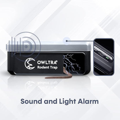 OWLTRA OW-7 in-/Outdoor Electric Rodent Trap, Instant Kill Mouse & Rat Zapper with Waterproof Cover, Sound & Light Alarm, and Batteries or USB Power Source, Waterproof Grade IPX4, Black