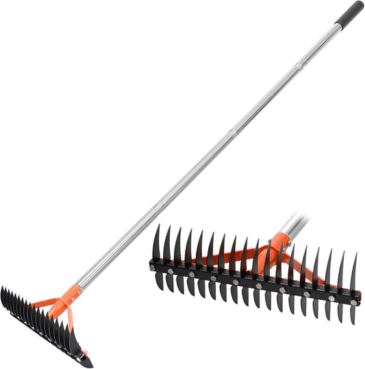 Thatch Rake for Lawns 18 Sharp Tempered Spring Steel Tines Dethatcher Rake Heavy Duty Dethatching Rakes with 62.5" Adjustable Stainless Steel Handle for Lawn Care，Dead Grass, Garden, Yard