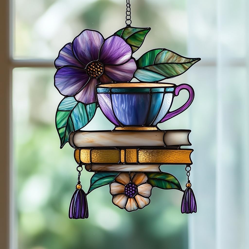 Hibiscus Tea Cup and Books Acrylic Suncatcher Stained Glass Effect Window Car Hanging Christmas Ornament Indoor Outdoor Decor Garden Sun Catcher Panel for Book Lover for Women Mom Grandma