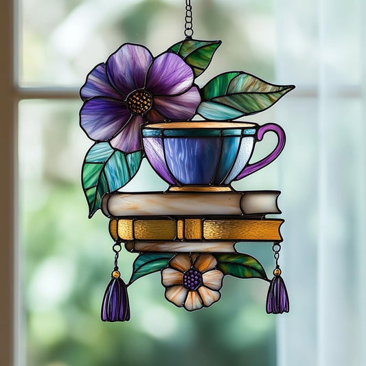 Hibiscus Tea Cup and Books Acrylic Suncatcher Stained Glass Effect Window Car Hanging Christmas