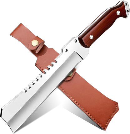 Machete w Sheath for Yard Work, 15'' Full Tang Camping Machete for Cutting Trees Heavy Duty, Survival Machetes, 0.22’’ Thick 5CR15MOV Stainless Steel Blade Spine & Wood Handle, Clearing Brush and Gardening