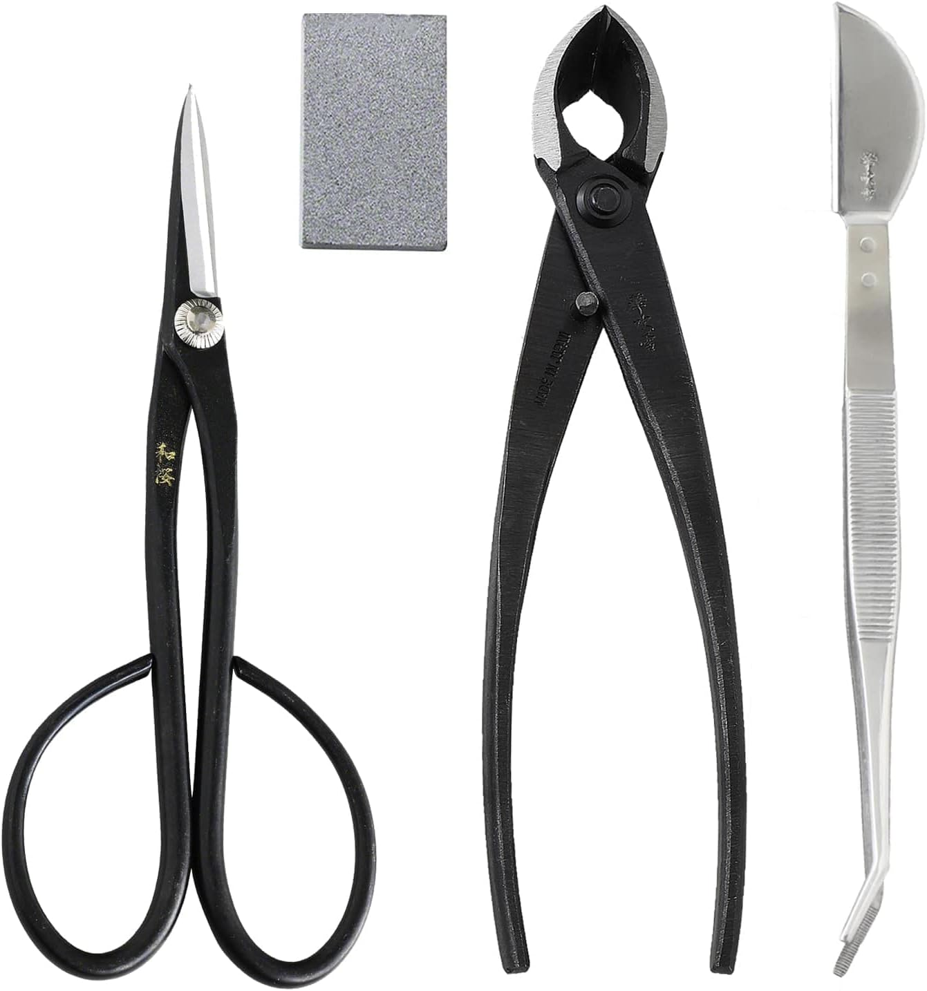 Wazakura 4PCS Bonsai Essential Tool Kit Made in Japan, Yasugi Steel Satsuki Bonsai Scissors + Concave Branch Cutter 8in (200mm) + Stainless Tweezers + Sap Eraser Set