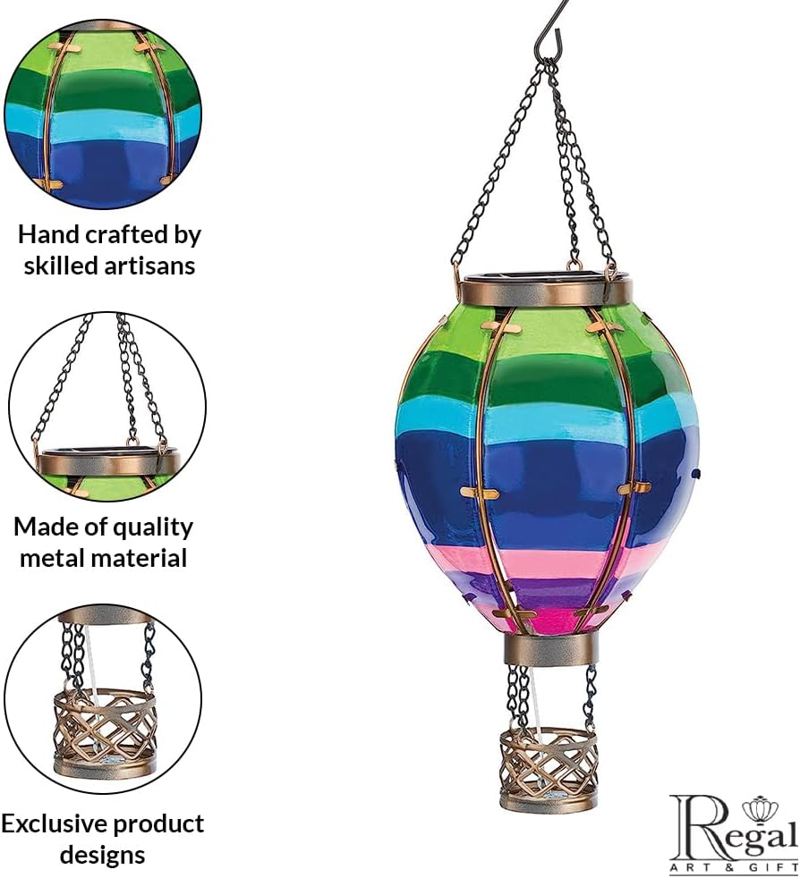 Regal Art & Gift Hot Air Balloon Solar Lantern – Hanging Solar-Powered LED Lights, Waterproof Portable Decorative Outdoor Lamp Made of Metal & Glass for Garden, Patios & Pathway – Stripe (Small)