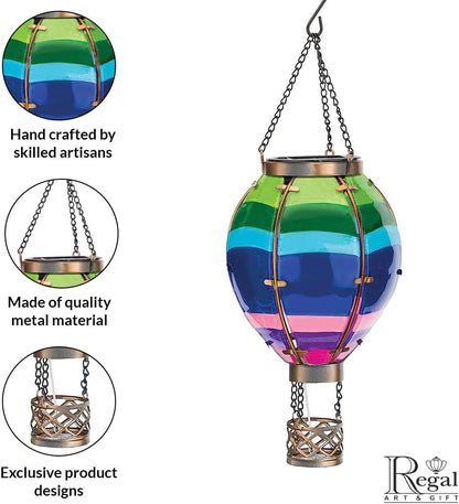 Regal Art & Gift Hot Air Balloon Solar Lantern – Hanging Solar-Powered LED Lights, Waterproof Portable Decorative Outdoor Lamp Made of Metal & Glass for Garden, Patios & Pathway – Stripe (Small)