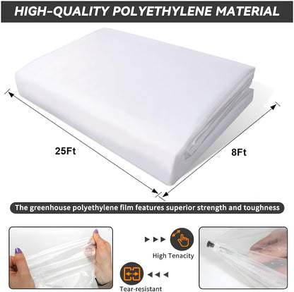 8x25 Ft Clear Greenhouse Film Plastic Sheeting, Greenhouse Polyethylene Plastic Film 6 mil Thickness Replacement Cover, UV Resistant, Plant Covers Freeze Protection for Windproof Frost& Dust Proof