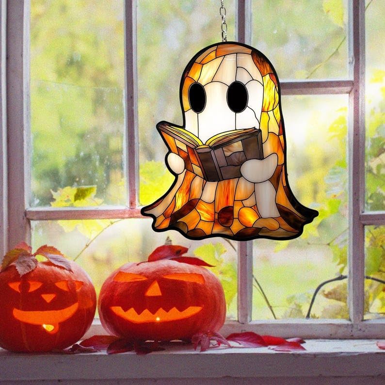 Spooky Ghost Reading Book Acrylic Suncatcher Cute Boo Window Hanging Books Funny Decor Reader Librarian Sun Catchers for Windows Indoor Decorations Outdoor