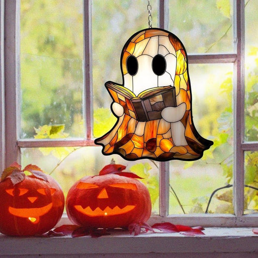 Spooky Ghost Reading Book Acrylic Suncatcher Cute Boo Window Hanging Books Funny Decor Reader