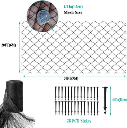 Koi Pond Netting for Leaves 20x30 Ft, 1/2 in Strong Woven Fine Mesh Pond Leaf Net Cover, Protecting Koi Fish from Herons, Raccoons, Birds, Cats & Predators, 28 Pcs Stakes Included