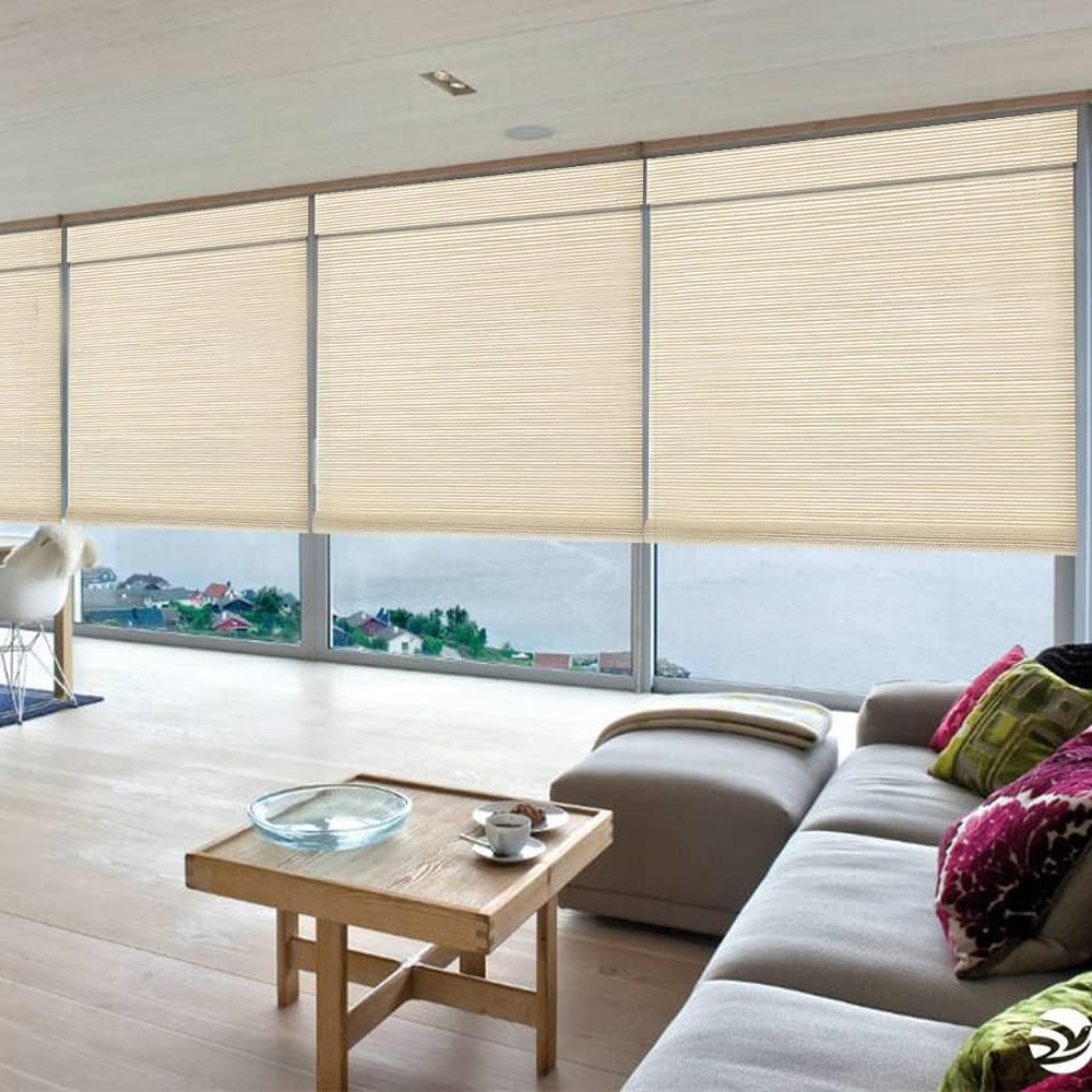 LETAU Cordless Wood Window Roller Shades, Bamboo Light Filtering Window Blinds for Indoor Home, Office, Kitchen, Pattern 9