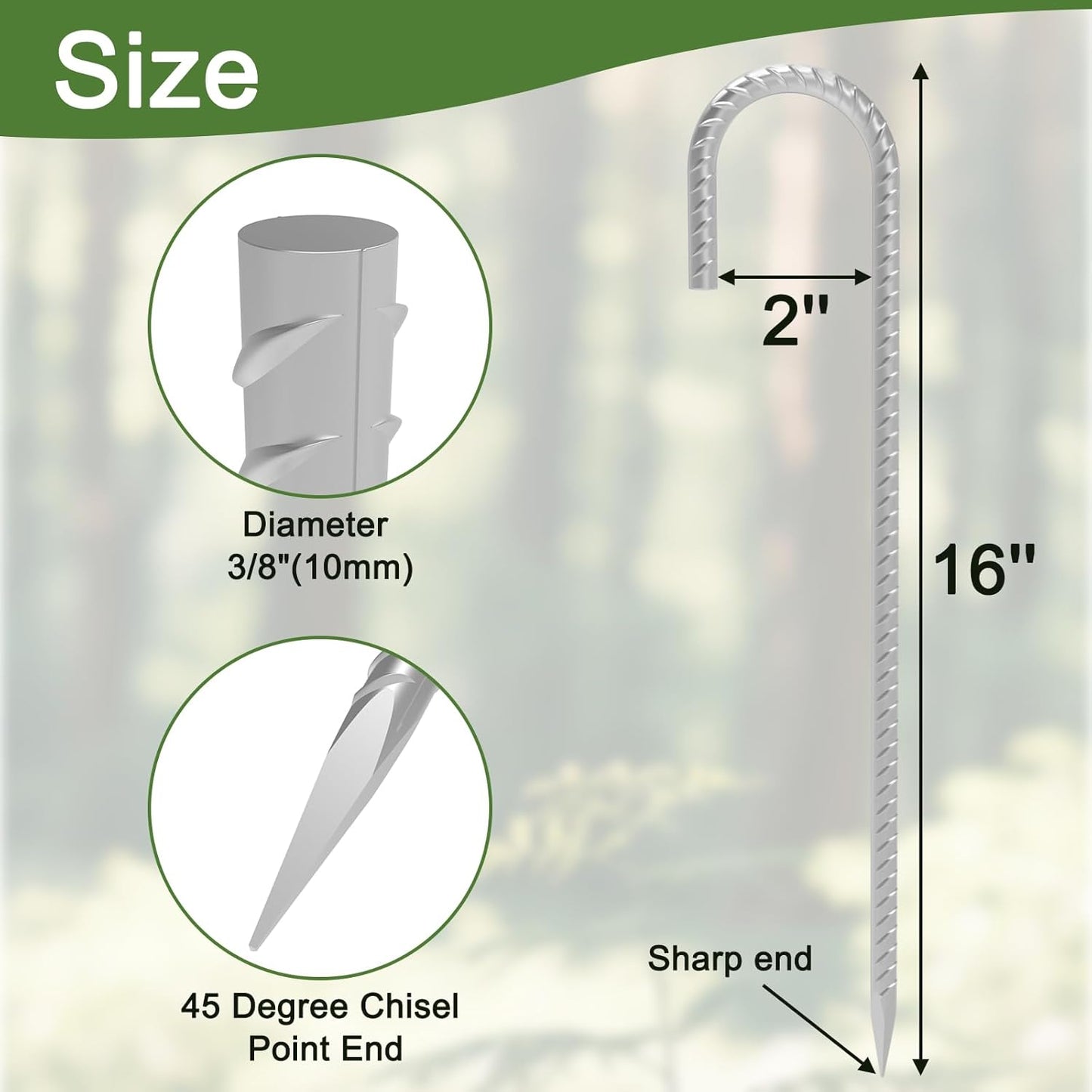 Rebar Stakes 16 Inch, 3/8" Diameter Tent Stakes Heavy Duty 28 Pack, Galvanized Steel Chain Link Fence Stakes Metal Ground Anchors for Outdoor Decorations, Bounce House, Trap, Fencing