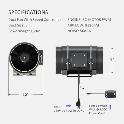 Toolazy Quiet 8" Inline Duct Fan 831 CFM Ventilation Exhaust Fan EC Motor and External 0-100% Variable Speed Controller for Heating Cooling Booster, Grow Tents, Hydroponics