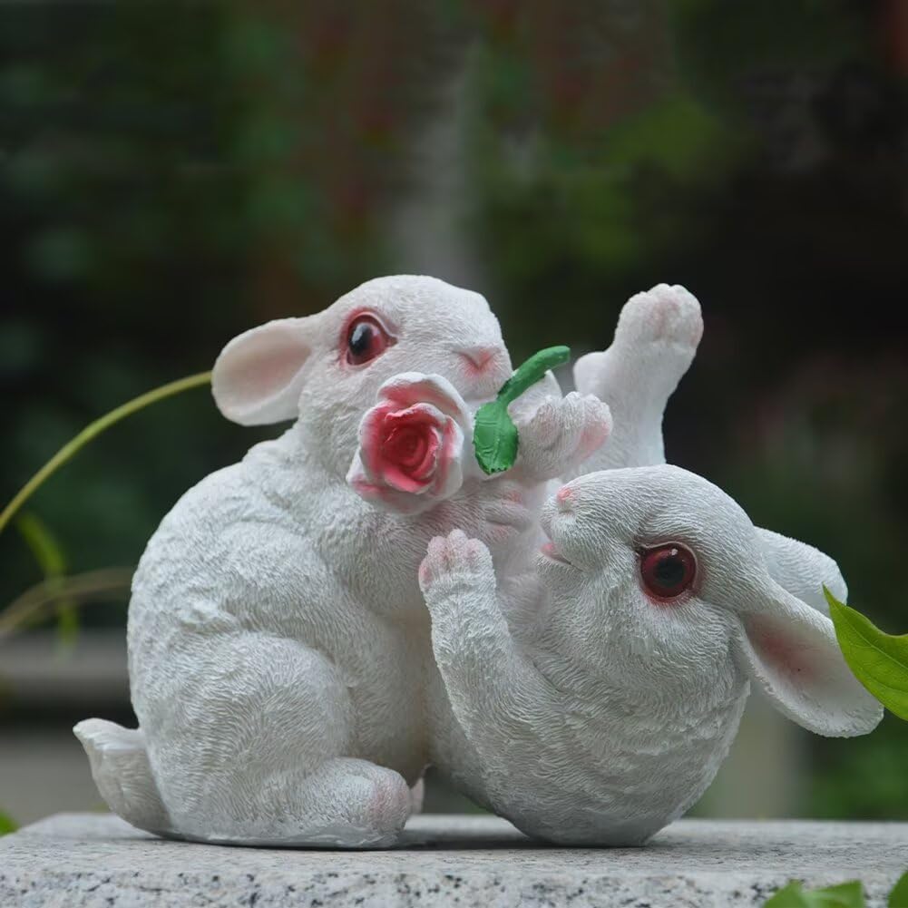 Garden Statues Bunny Decor Resin Flower Rabbit Figurine Cute Fairy Garden Decor Outdoor Statues for Patio Yard Porch Balcony Gifts for Women Mom Grandma White