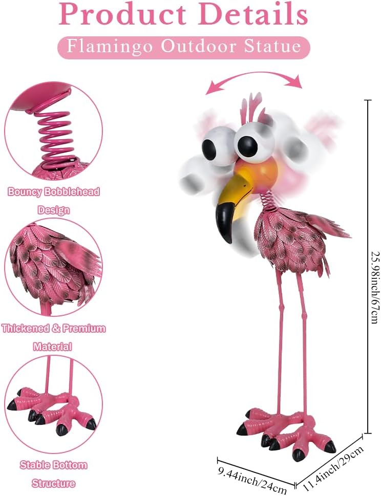 25'' Tall Flamingo Garden Statue, Metal Flamingo Outdoor Staute Waterproof, Pink Flamingo Yard Art Sculptures Decor for Yard, Lawn, Patio, Backyard
